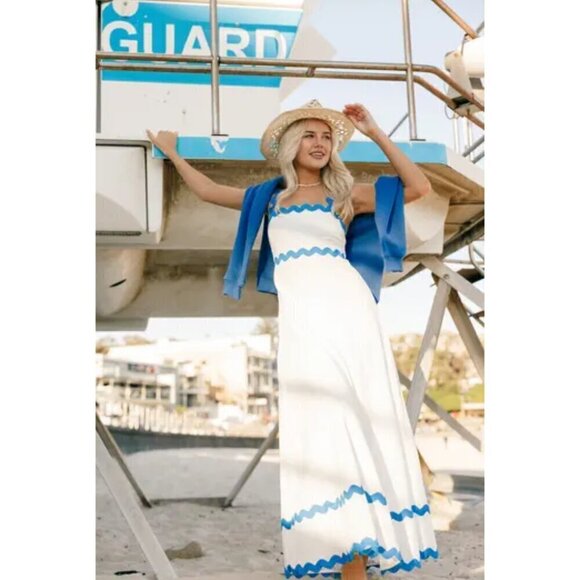 PETAL & PUP Nancy Rickrack Maxi Dress in White/Blue Size Medium - Picture 5 of 13